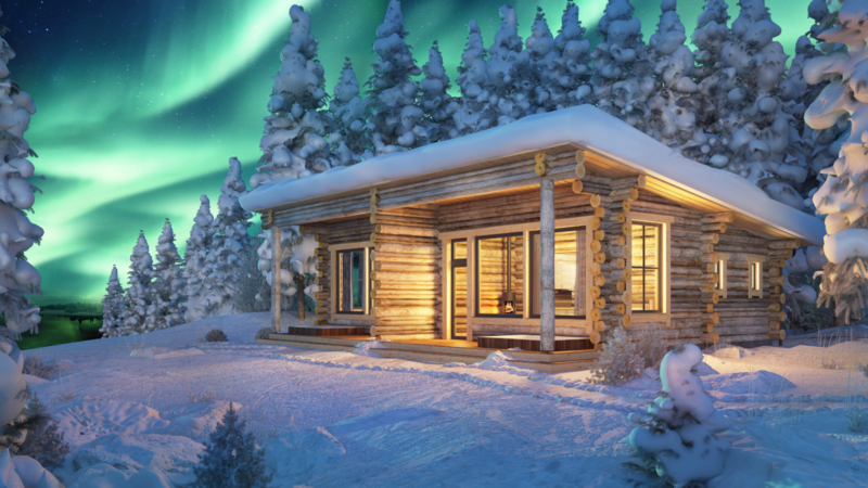Finland-Lapland-Ivalo-Wilderness-Hotel-Nangu-panorama-log-cabin-buitenaanzicht-noorderlicht