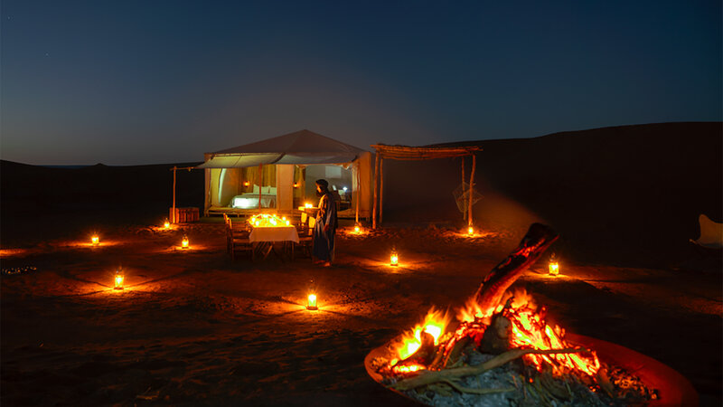 Marokko-Zagora-Woestijn-Erg-Chigaga-Azalai-Desert-Camp-Evening